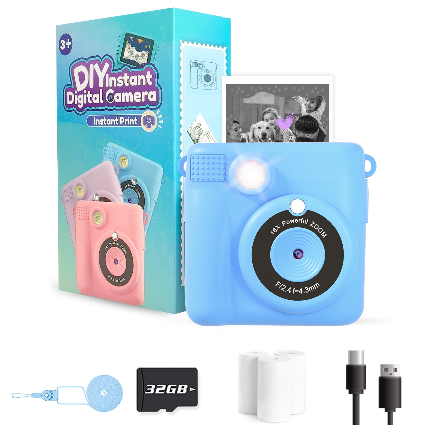 Instant Print Camera Toys for Toddlers Age 3-8,Boys and Girls Birthday Gifts with 1080P HD Video Recording,Kids Selfie Digital Camera Electronic Travel Game with Photo Paper 6 Color Pen,Blue