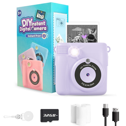 Instant Print Camera Toys for Toddlers Age 3-8,Boys and Girls Birthday Gifts with 1080P HD Video Recording,Kids Selfie Digital Camera Electronic Travel Game with Photo Paper 6 Color Pen,Purple
