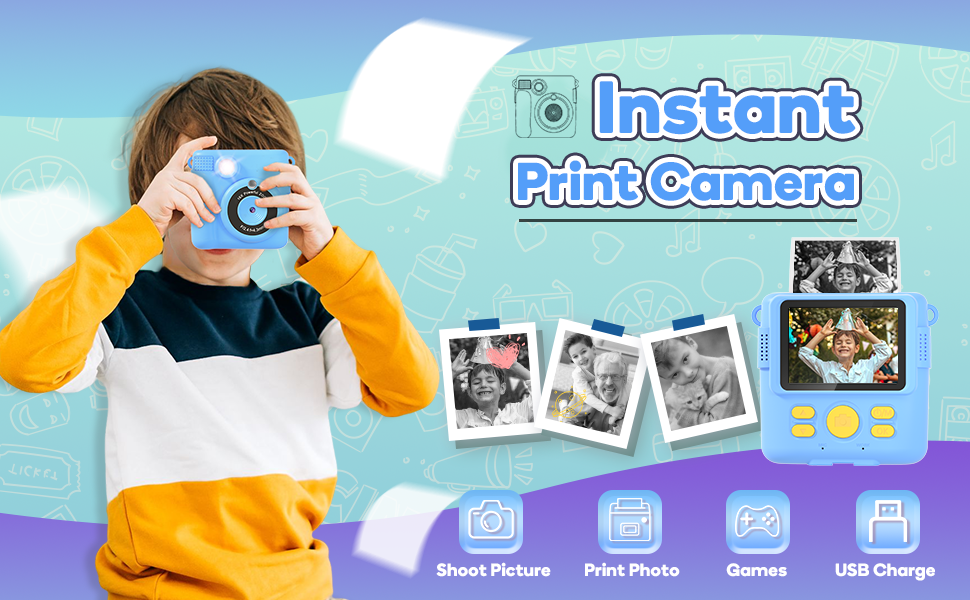 Instant Print Camera Toys for Toddlers Age 3-8,Boys and Girls Birthday Gifts with 1080P HD Video Recording,Kids Selfie Digital Camera Electronic Travel Game with Photo Paper 6 Color Pen,Blue