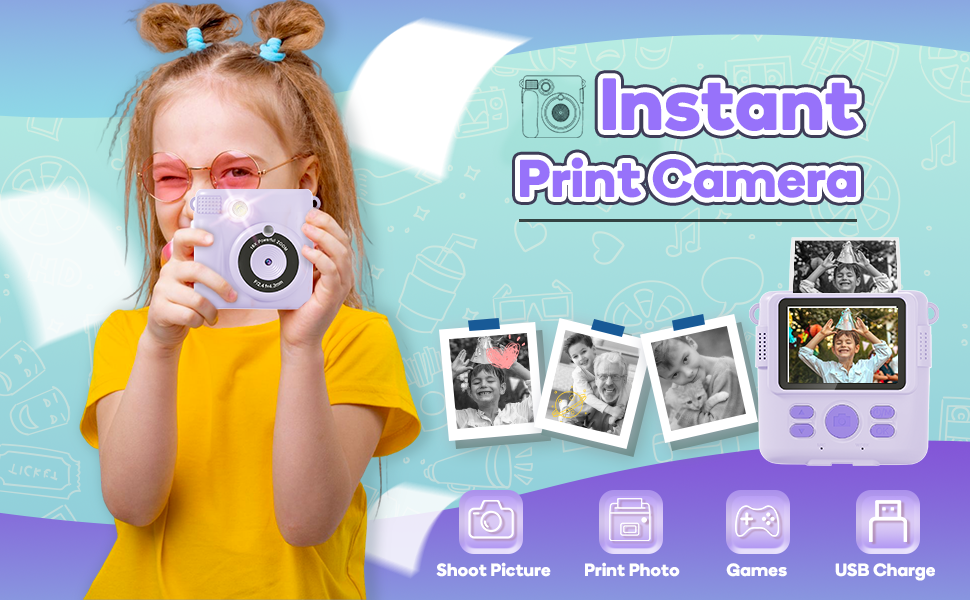 Instant Print Camera Toys for Toddlers Age 3-8,Boys and Girls Birthday Gifts with 1080P HD Video Recording,Kids Selfie Digital Camera Electronic Travel Game with Photo Paper 6 Color Pen,Purple