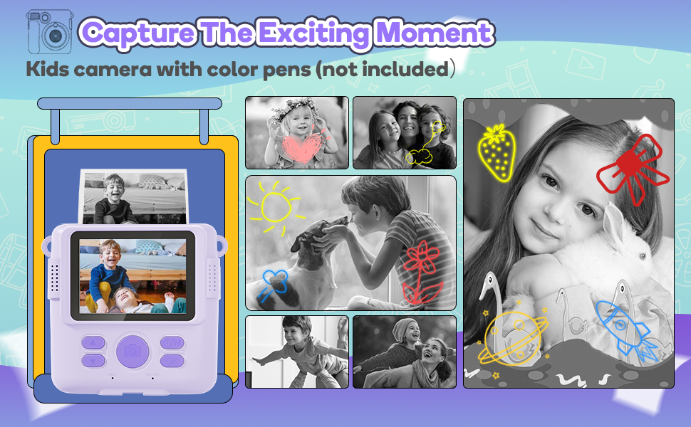 Instant Print Camera Toys for Toddlers Age 3-8,Boys and Girls Birthday Gifts with 1080P HD Video Recording,Kids Selfie Digital Camera Electronic Travel Game with Photo Paper 6 Color Pen,Purple