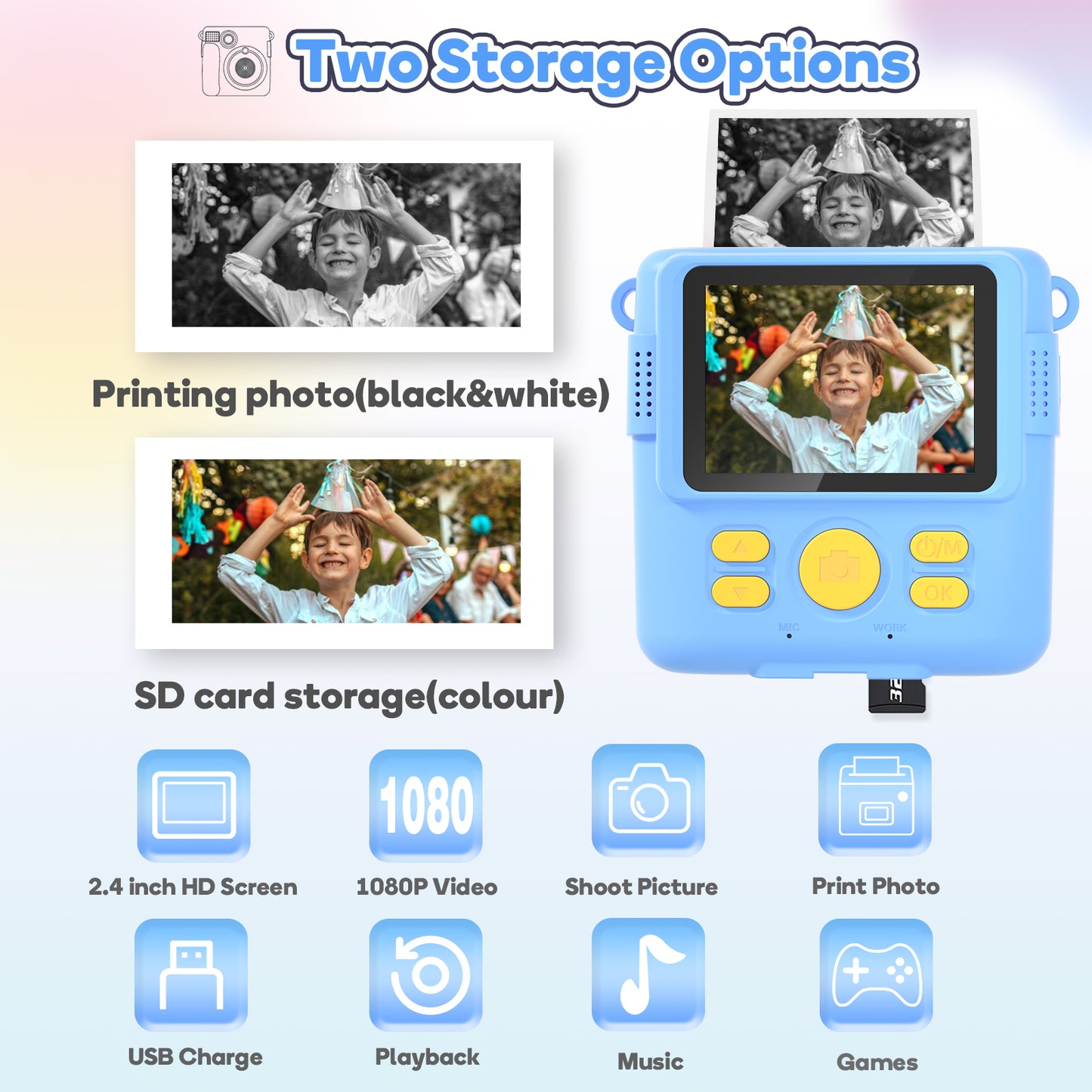 Instant Print Camera Toys for Toddlers Age 3-8,Boys and Girls Birthday Gifts with 1080P HD Video Recording,Kids Selfie Digital Camera Electronic Travel Game with Photo Paper 6 Color Pen,Blue
