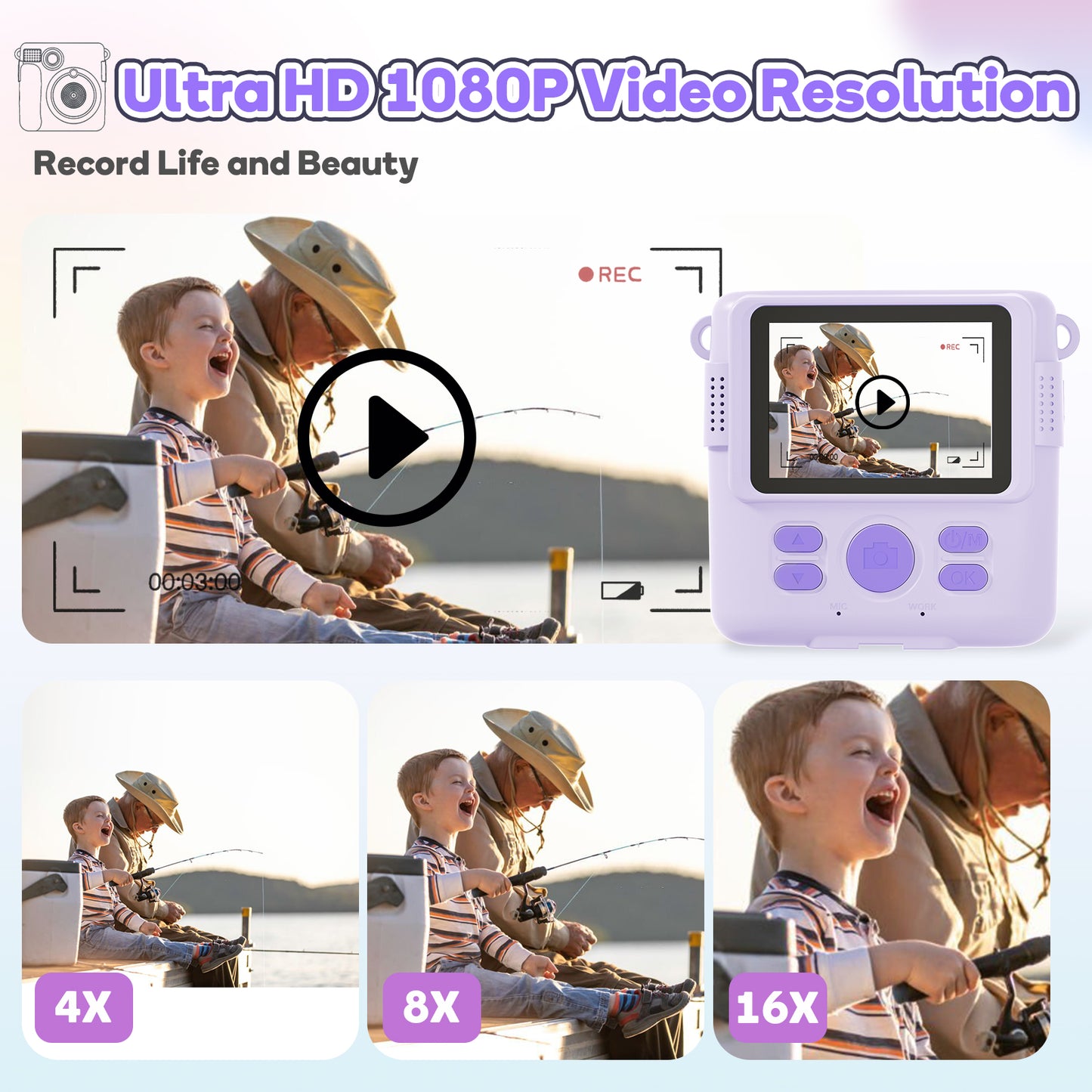 Instant Print Camera Toys for Toddlers Age 3-8,Boys and Girls Birthday Gifts with 1080P HD Video Recording,Kids Selfie Digital Camera Electronic Travel Game with Photo Paper 6 Color Pen,Purple