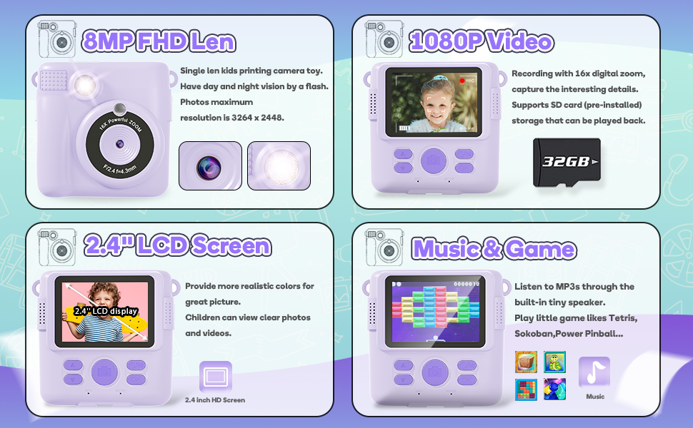 Instant Print Camera Toys for Toddlers Age 3-8,Boys and Girls Birthday Gifts with 1080P HD Video Recording,Kids Selfie Digital Camera Electronic Travel Game with Photo Paper 6 Color Pen,Purple