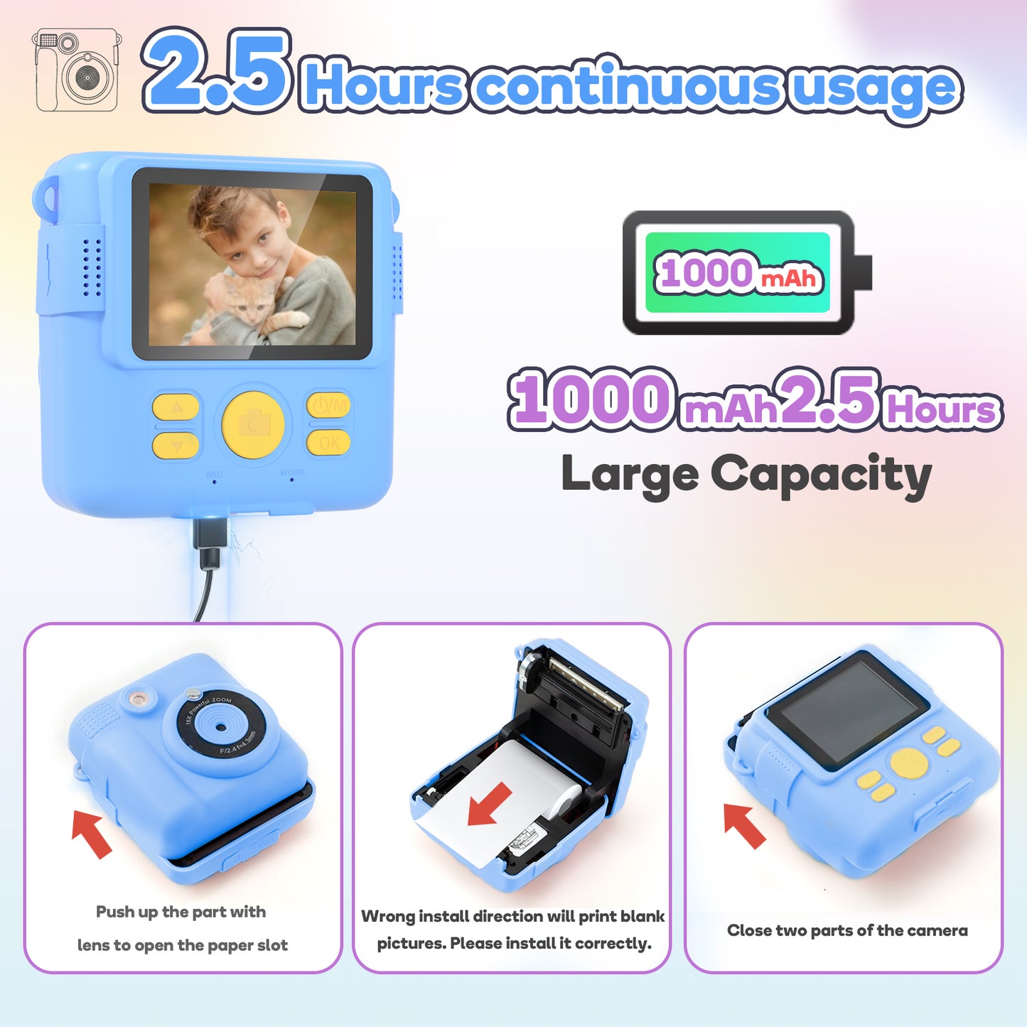 Instant Print Camera Toys for Toddlers Age 3-8,Boys and Girls Birthday Gifts with 1080P HD Video Recording,Kids Selfie Digital Camera Electronic Travel Game with Photo Paper 6 Color Pen,Blue
