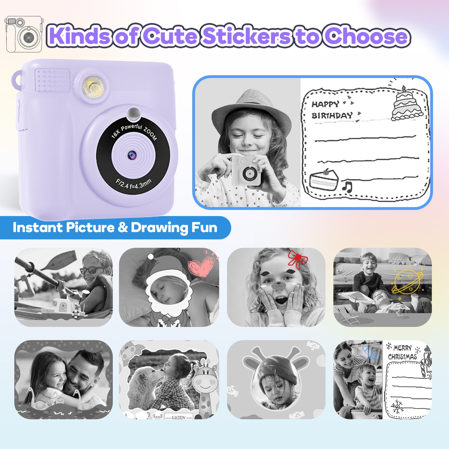 Instant Print Camera Toys for Toddlers Age 3-8,Boys and Girls Birthday Gifts with 1080P HD Video Recording,Kids Selfie Digital Camera Electronic Travel Game with Photo Paper 6 Color Pen,Purple