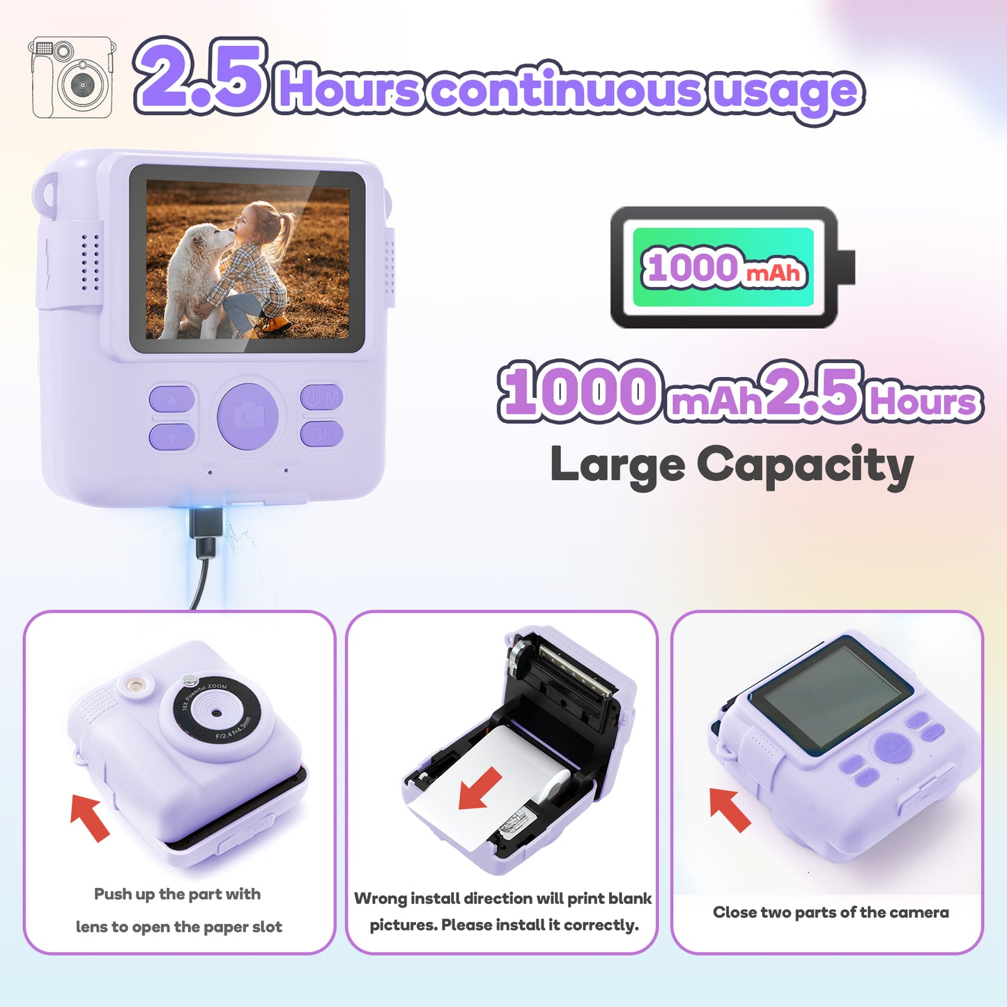 Instant Print Camera Toys for Toddlers Age 3-8,Boys and Girls Birthday Gifts with 1080P HD Video Recording,Kids Selfie Digital Camera Electronic Travel Game with Photo Paper 6 Color Pen,Purple