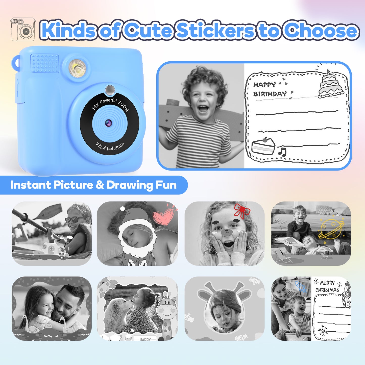 Instant Print Camera Toys for Toddlers Age 3-8,Boys and Girls Birthday Gifts with 1080P HD Video Recording,Kids Selfie Digital Camera Electronic Travel Game with Photo Paper 6 Color Pen,Blue