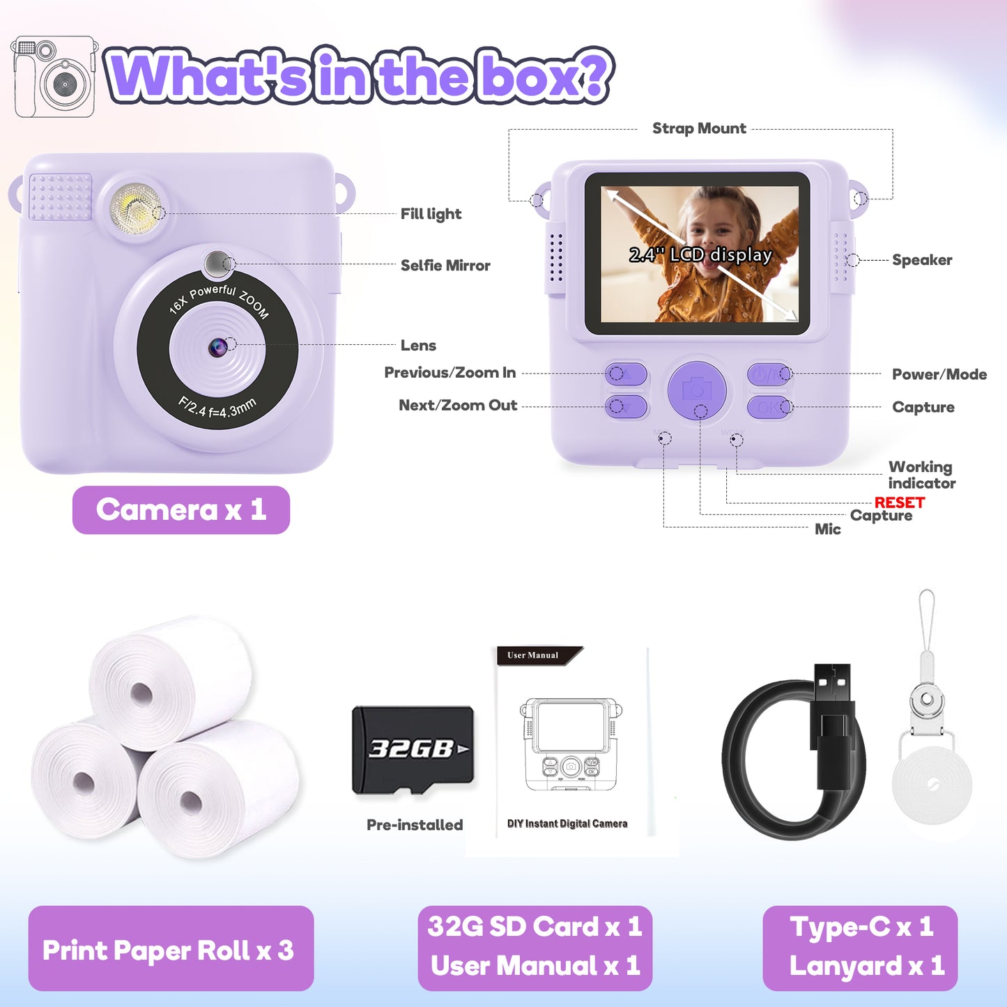 Instant Print Camera Toys for Toddlers Age 3-8,Boys and Girls Birthday Gifts with 1080P HD Video Recording,Kids Selfie Digital Camera Electronic Travel Game with Photo Paper 6 Color Pen,Purple