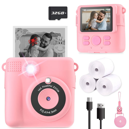 Instant Print Camera for Kids, Christmas Birthday Gifts Girls Boys Age 3-12, HD Digital Video Cameras Toddler, Portable Toy 3 4 5 6 7 8 9 10 Year Old Girl with 32GB SD Card-Pink