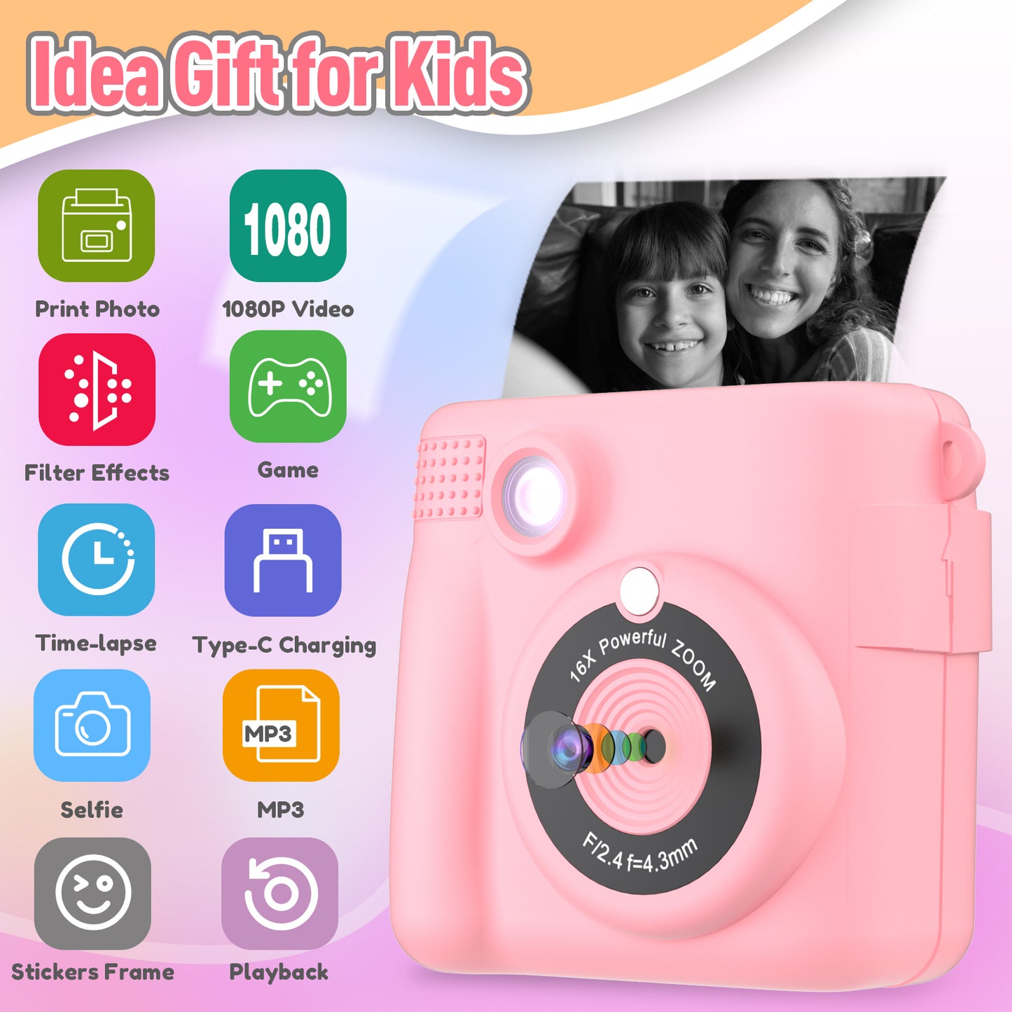 Instant Print Camera for Kids, Christmas Birthday Gifts Girls Boys Age 3-12, HD Digital Video Cameras Toddler, Portable Toy 3 4 5 6 7 8 9 10 Year Old Girl with 32GB SD Card-Pink