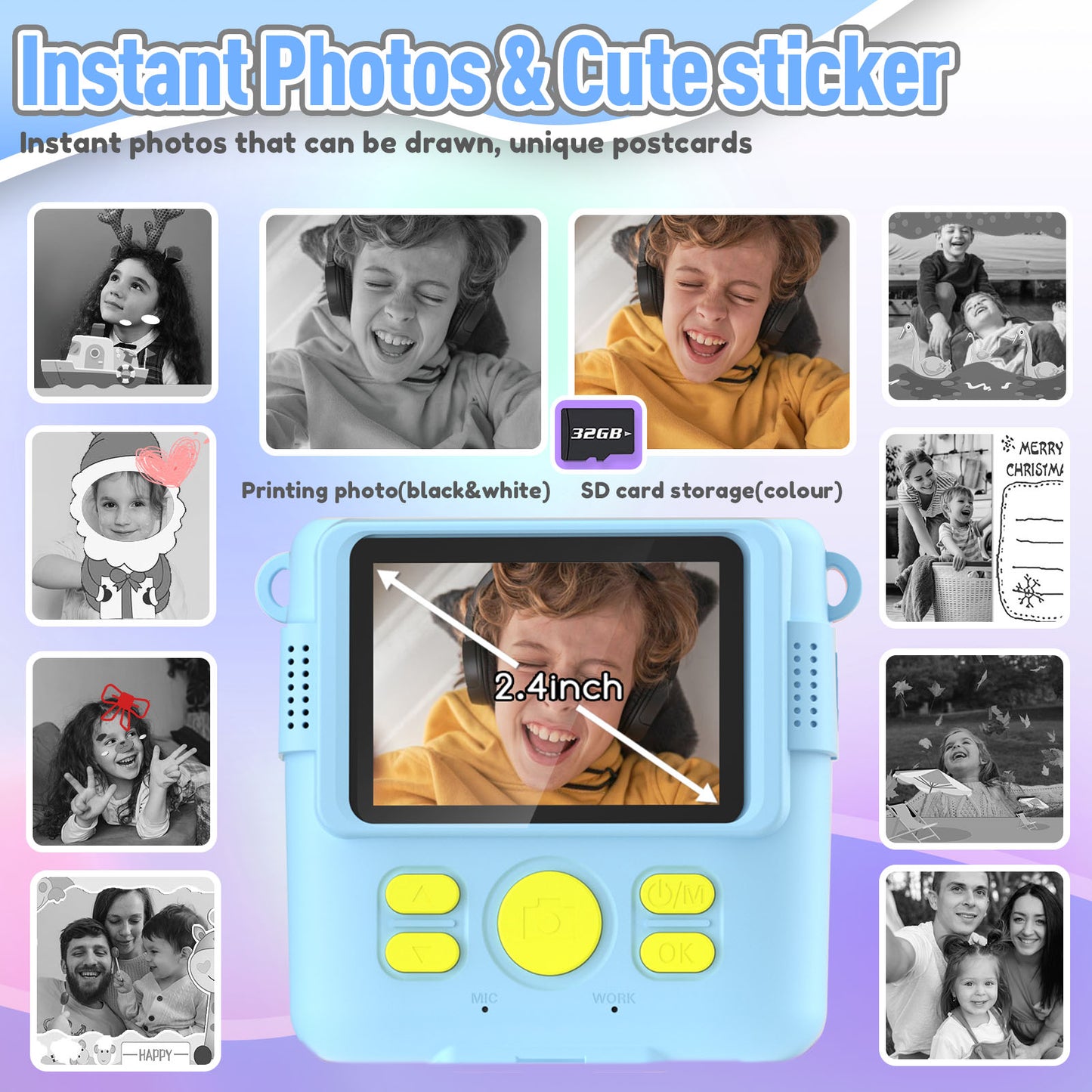 Kids Camera Instant Print, Christmas Birthday Gifts for Kids Age 3-12, Selfie Digital Camera with 1080P Videos,Toddler Portable Travel Camera Toy for 4 5 6 7 8 9 Year Old Boys