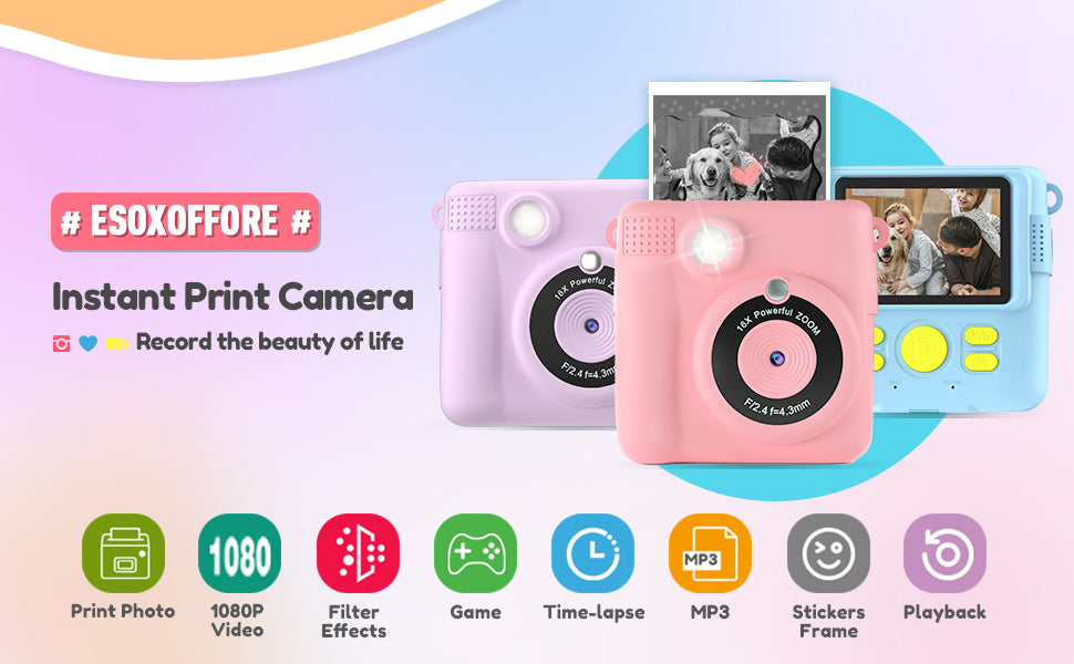 Instant Print Camera for Kids, Christmas Birthday Gifts Girls Boys Age 3-12, HD Digital Video Cameras Toddler, Portable Toy 3 4 5 6 7 8 9 10 Year Old Girl with 32GB SD Card-Pink