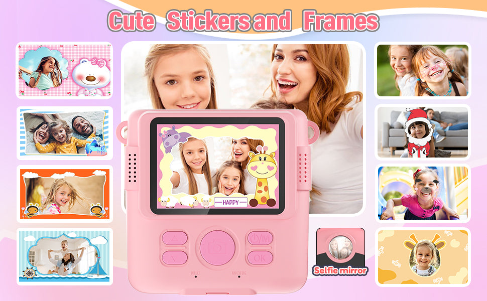 Instant Print Camera for Kids, Christmas Birthday Gifts Girls Boys Age 3-12, HD Digital Video Cameras Toddler, Portable Toy 3 4 5 6 7 8 9 10 Year Old Girl with 32GB SD Card-Pink