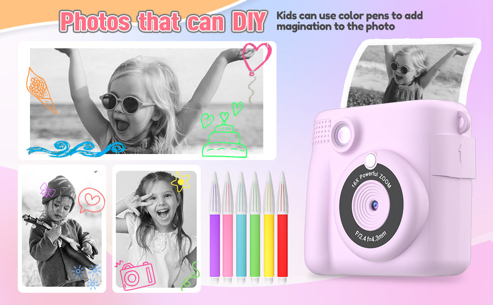 Instant Print Camera for Kids, Christmas Birthday Gifts Girls Boys Age 3-12, HD Digital Video Cameras Toddler, Portable Toy 3 4 5 6 7 8 9 10 Year Old Girl with 32GB SD Card-Pink